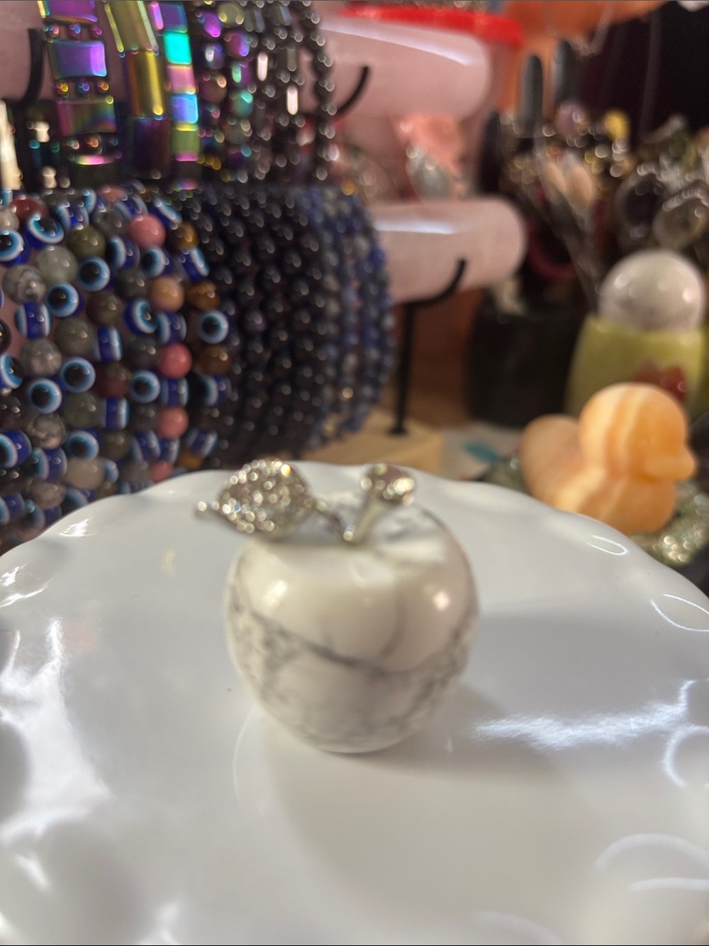 Howlite Apple Carving with Silver Leaf Accent